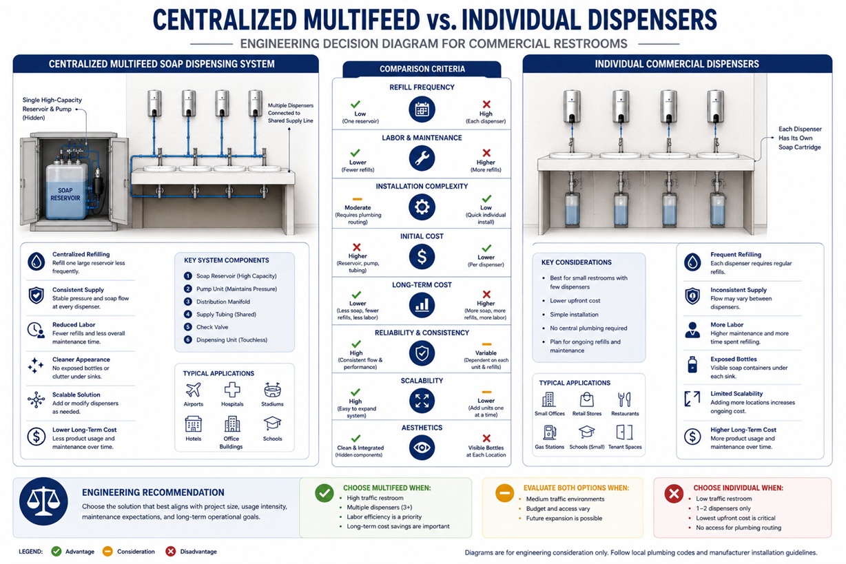Engineering decision diagram comparing centralized MultiFeed soap dispensing with individual commercial dispensers